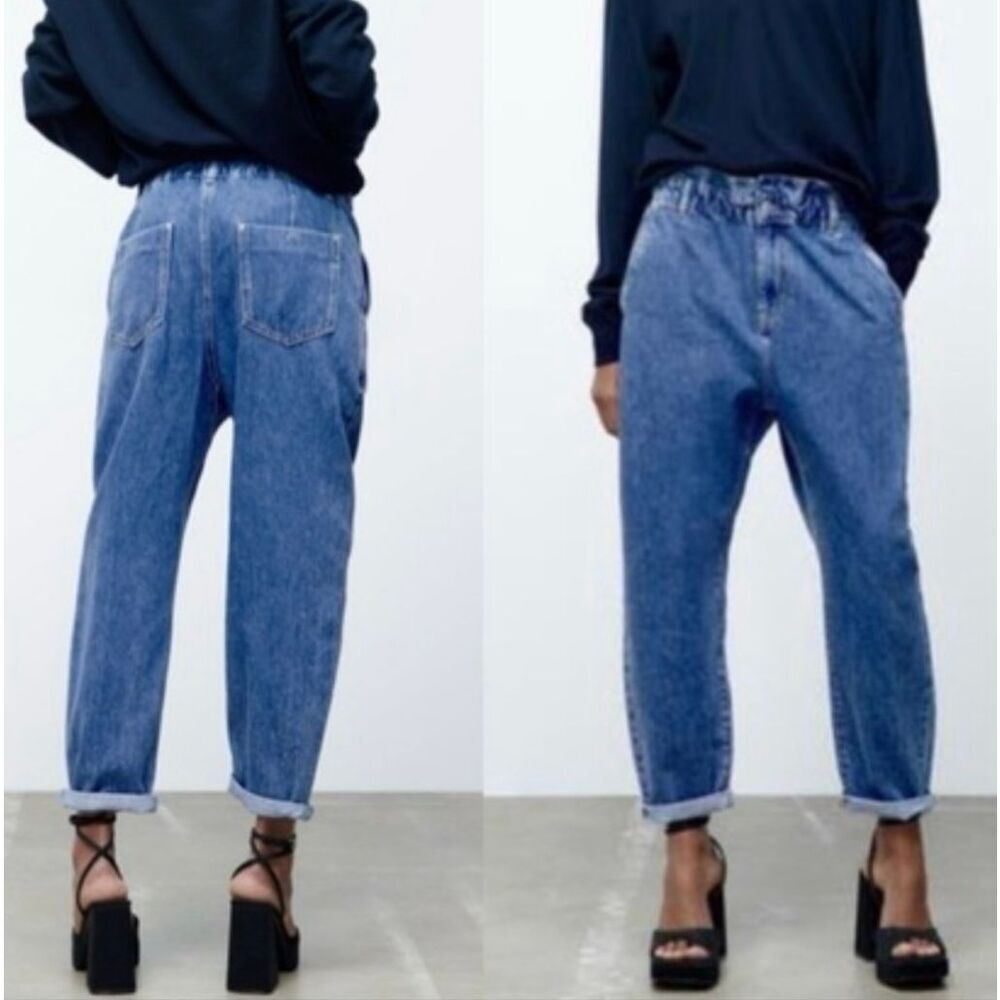 Zara high rise paperbag tapered elastic waistband jeans 4